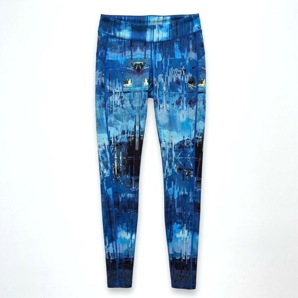 Reebok Mid Rise Running Tights Blue Abstract Print Womens Size XS